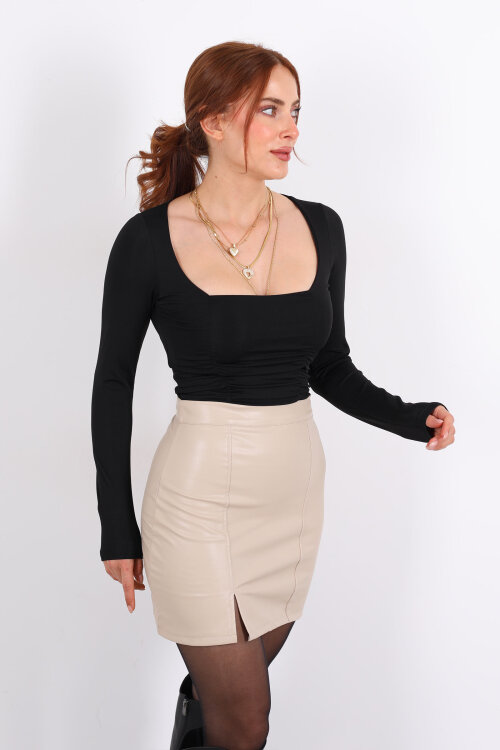 Önü Büzgülü U Yaka Siyah Kadın Bluz - 5