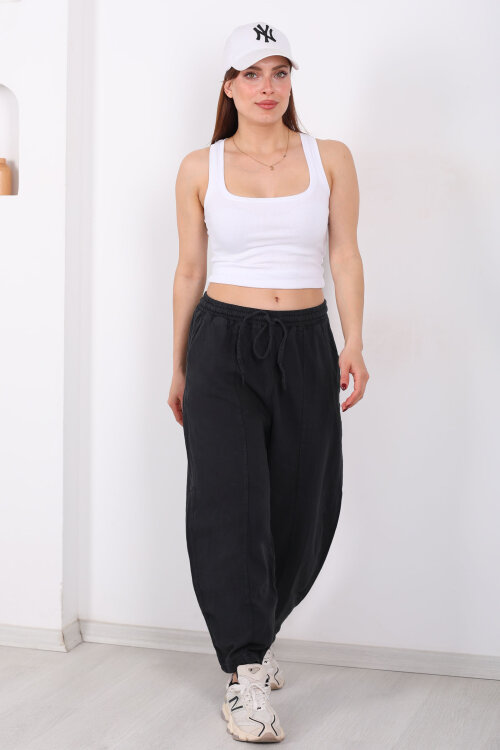 Önü Çimalı Bağlamalı Kadın Füme Şalvar Keten Pantolon - 5