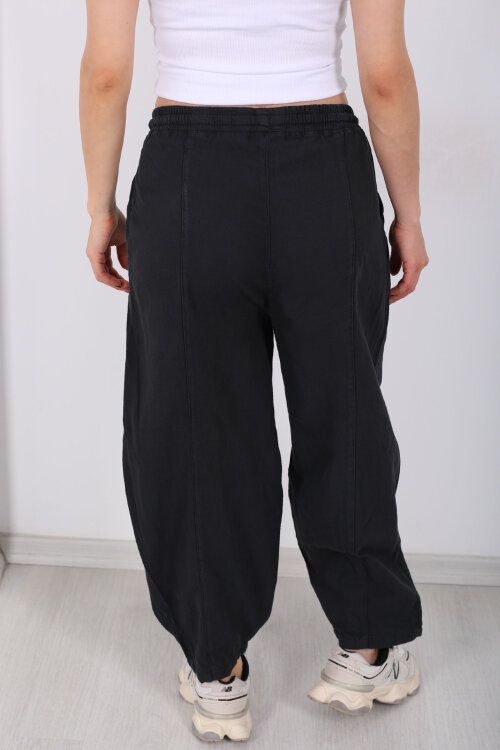 Önü Çimalı Bağlamalı Kadın Füme Şalvar Keten Pantolon - 4