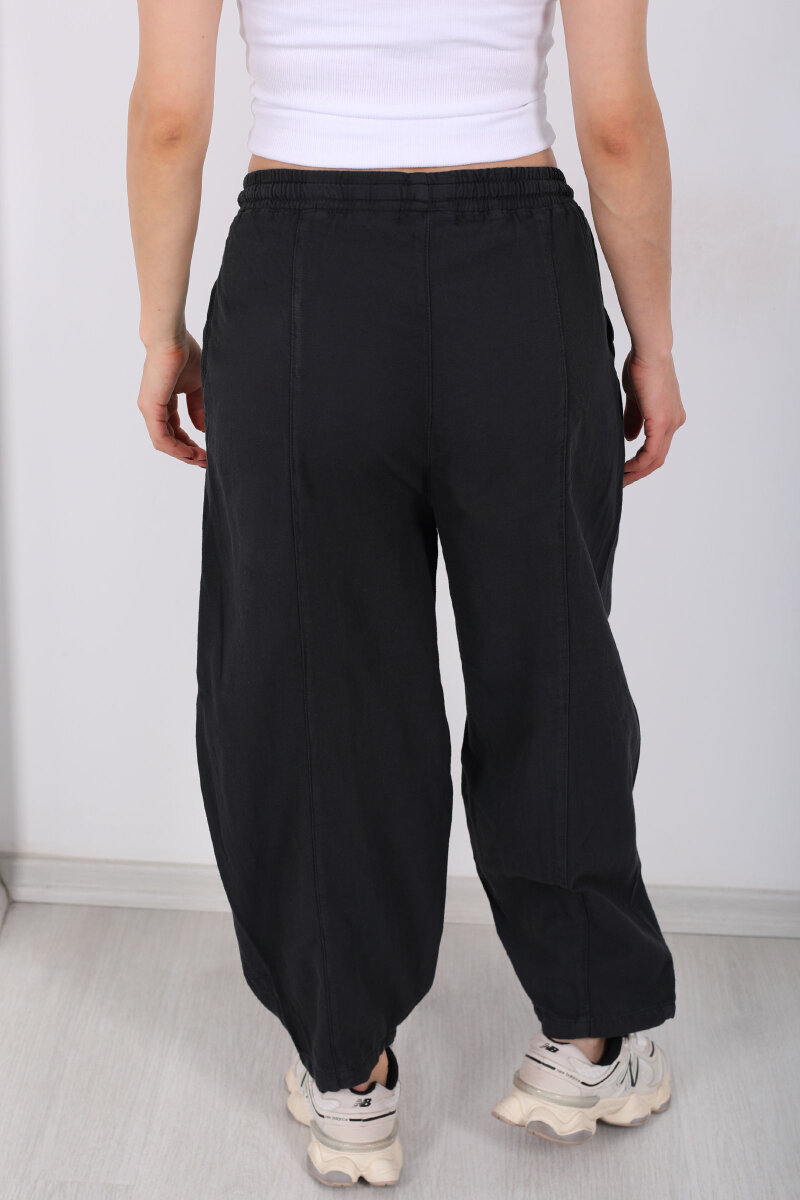 Önü Çimalı Bağlamalı Kadın Füme Şalvar Keten Pantolon - 4