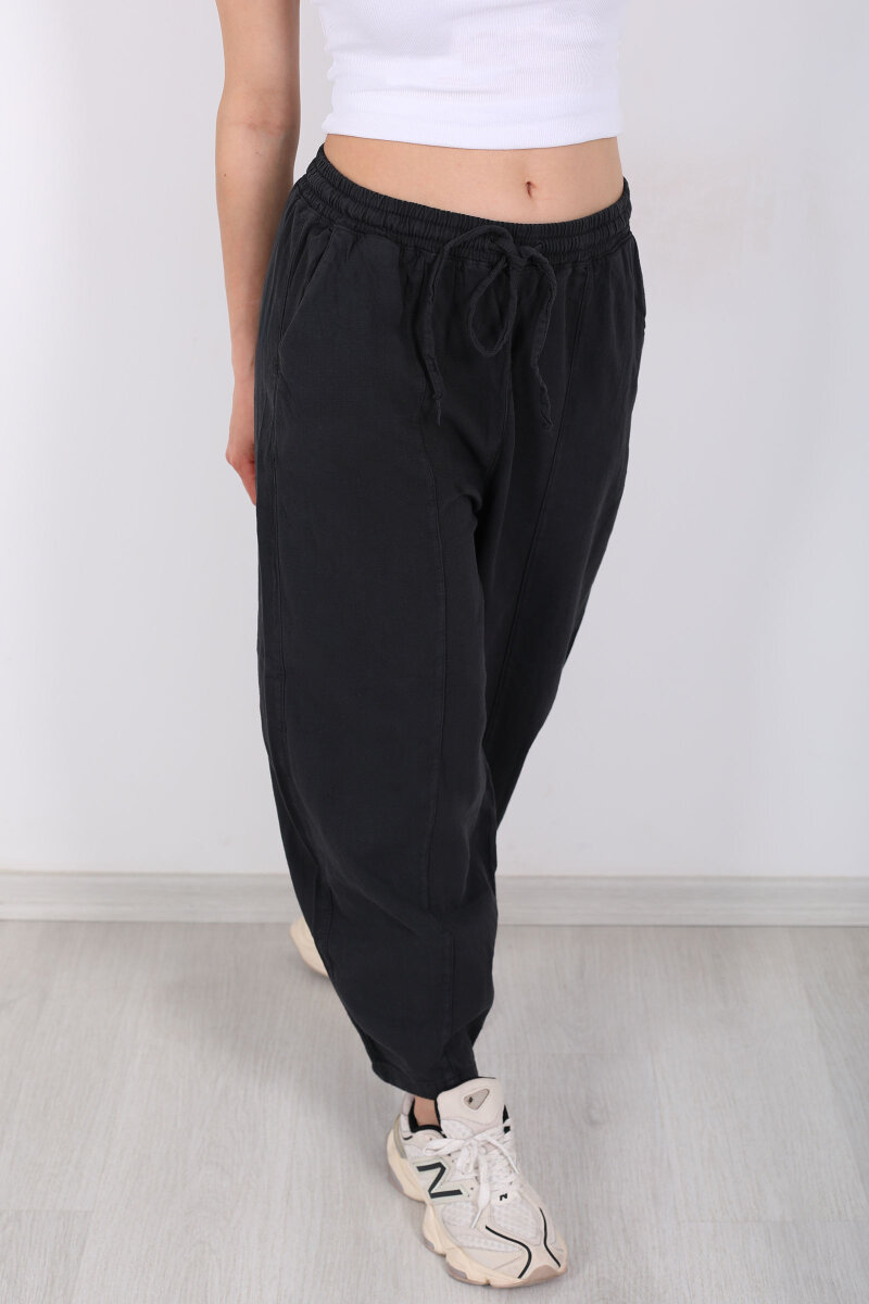 Önü Çimalı Bağlamalı Kadın Füme Şalvar Keten Pantolon - 2