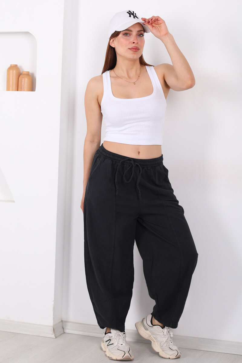 Önü Çimalı Bağlamalı Kadın Füme Şalvar Keten Pantolon - 1