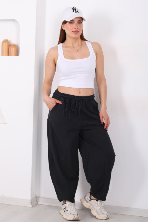 Önü Çimalı Bağlamalı Kadın Füme Şalvar Keten Pantolon - 3