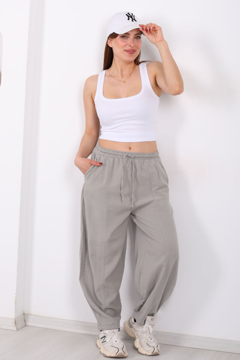 Önü Çimalı Bağlamalı Kadın Gri Şalvar Keten Pantolon - 1