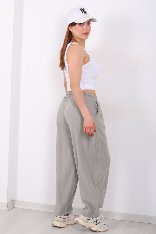 Önü Çimalı Bağlamalı Kadın Gri Şalvar Keten Pantolon - 5