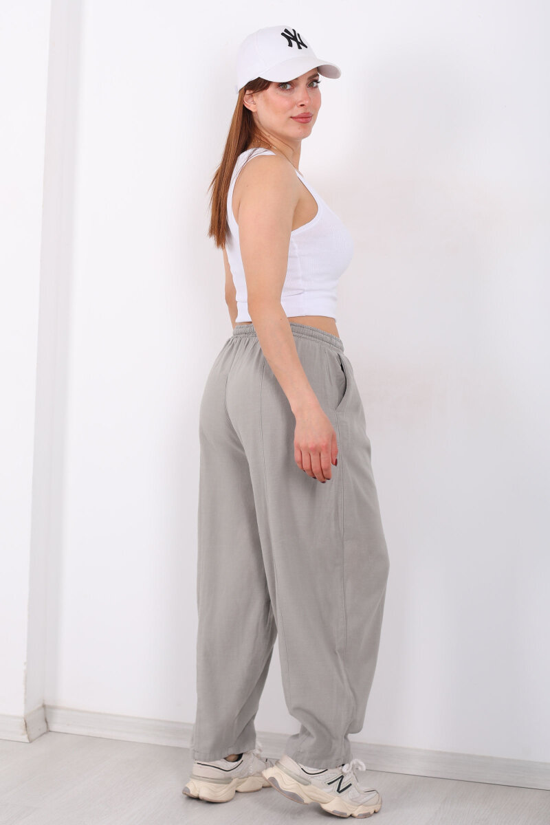 Önü Çimalı Bağlamalı Kadın Gri Şalvar Keten Pantolon - 5