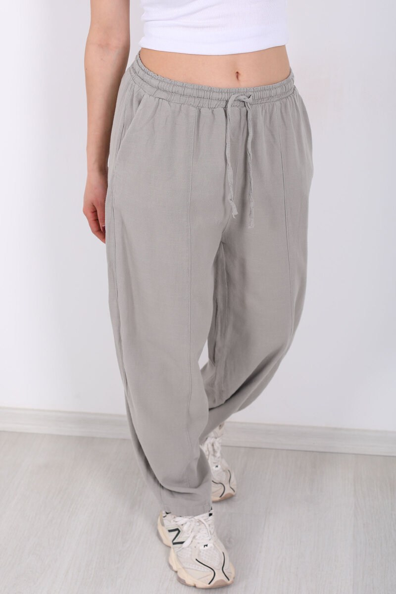 Önü Çimalı Bağlamalı Kadın Gri Şalvar Keten Pantolon - 2