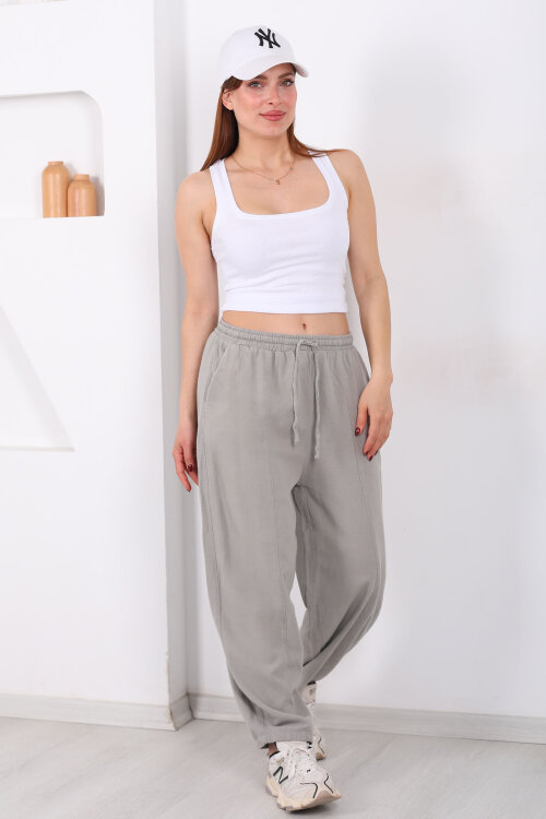 Önü Çimalı Bağlamalı Kadın Gri Şalvar Keten Pantolon - 6