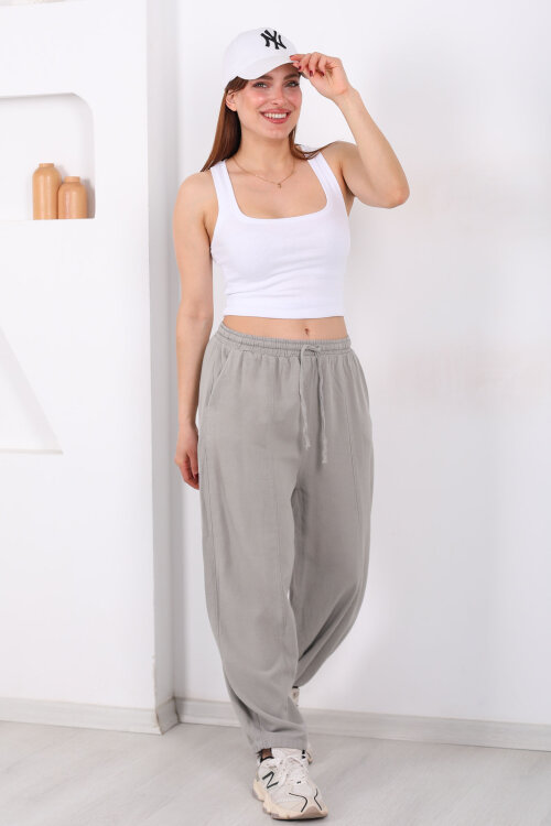 Önü Çimalı Bağlamalı Kadın Gri Şalvar Keten Pantolon - 3