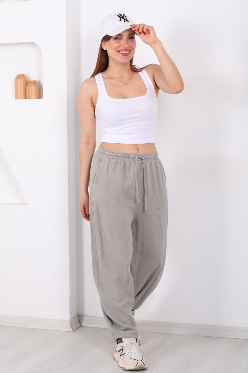 Önü Çimalı Bağlamalı Kadın Gri Şalvar Keten Pantolon - 3