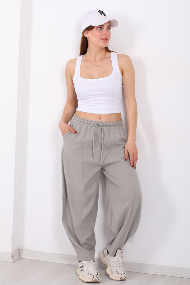 Önü Çimalı Bağlamalı Kadın Gri Şalvar Keten Pantolon - 4