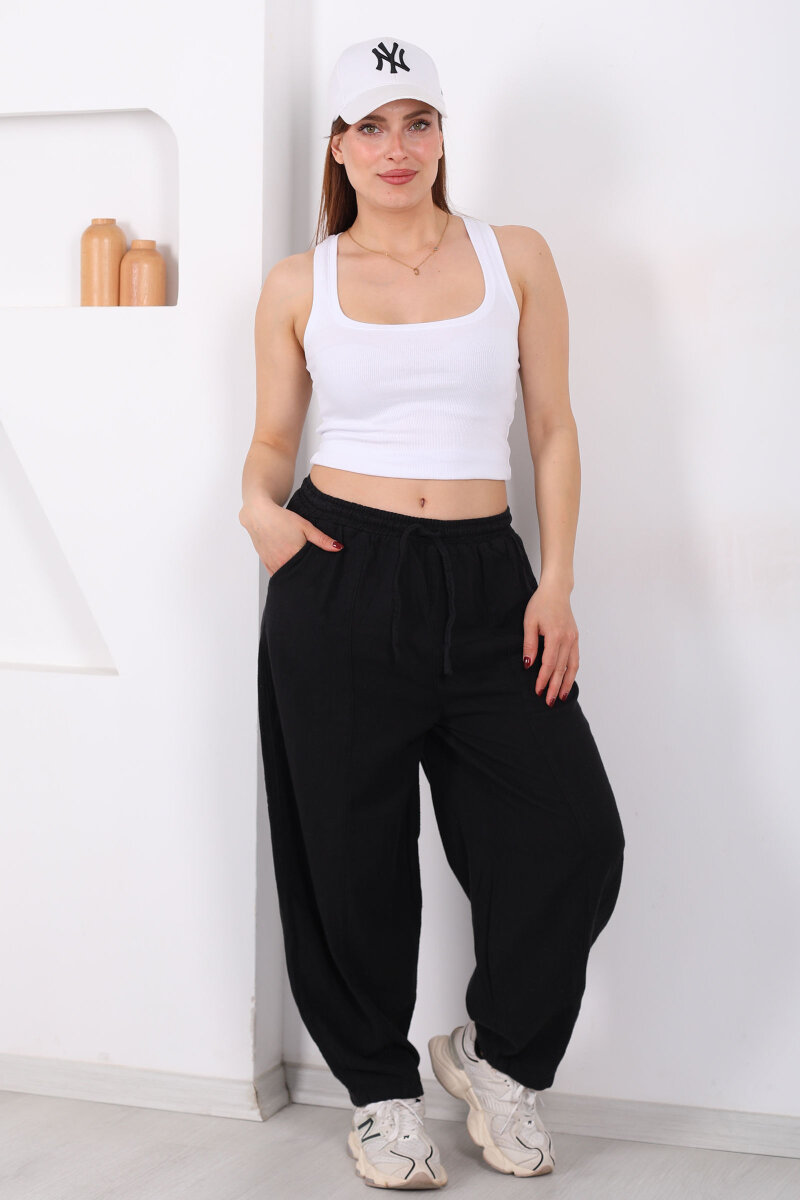 Önü Çimalı Bağlamalı Kadın Siyah Şalvar Keten Pantolon - 3