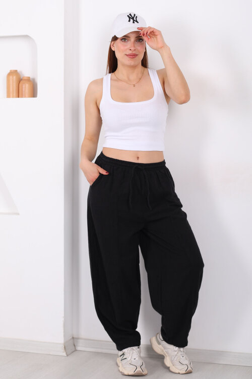 Önü Çimalı Bağlamalı Kadın Siyah Şalvar Keten Pantolon - Berox