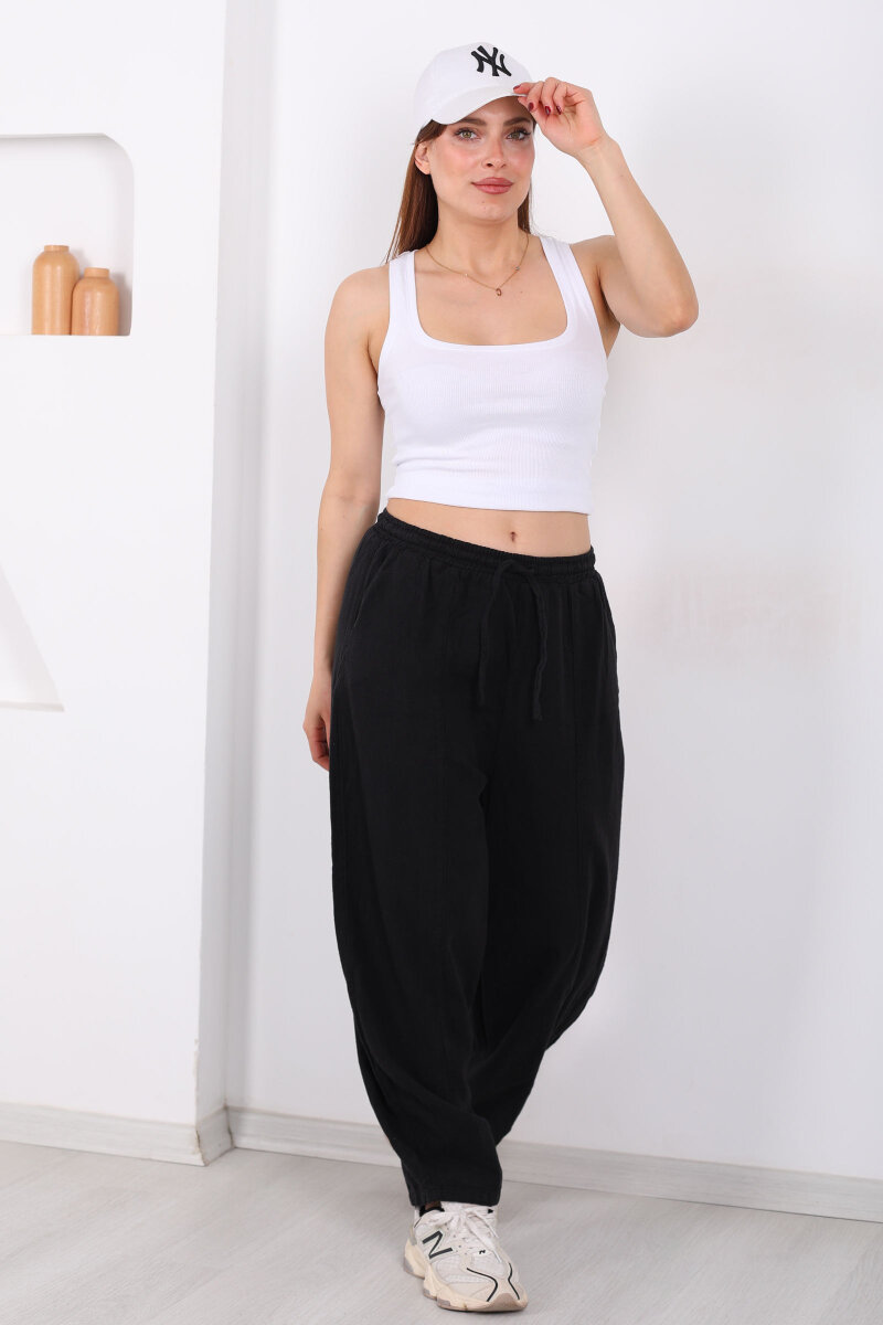 Önü Çimalı Bağlamalı Kadın Siyah Şalvar Keten Pantolon - 4