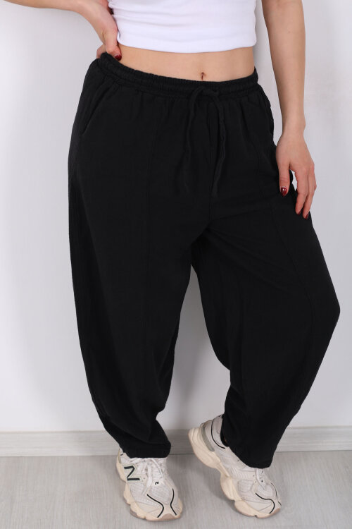 Önü Çimalı Bağlamalı Kadın Siyah Şalvar Keten Pantolon - Berox (1)