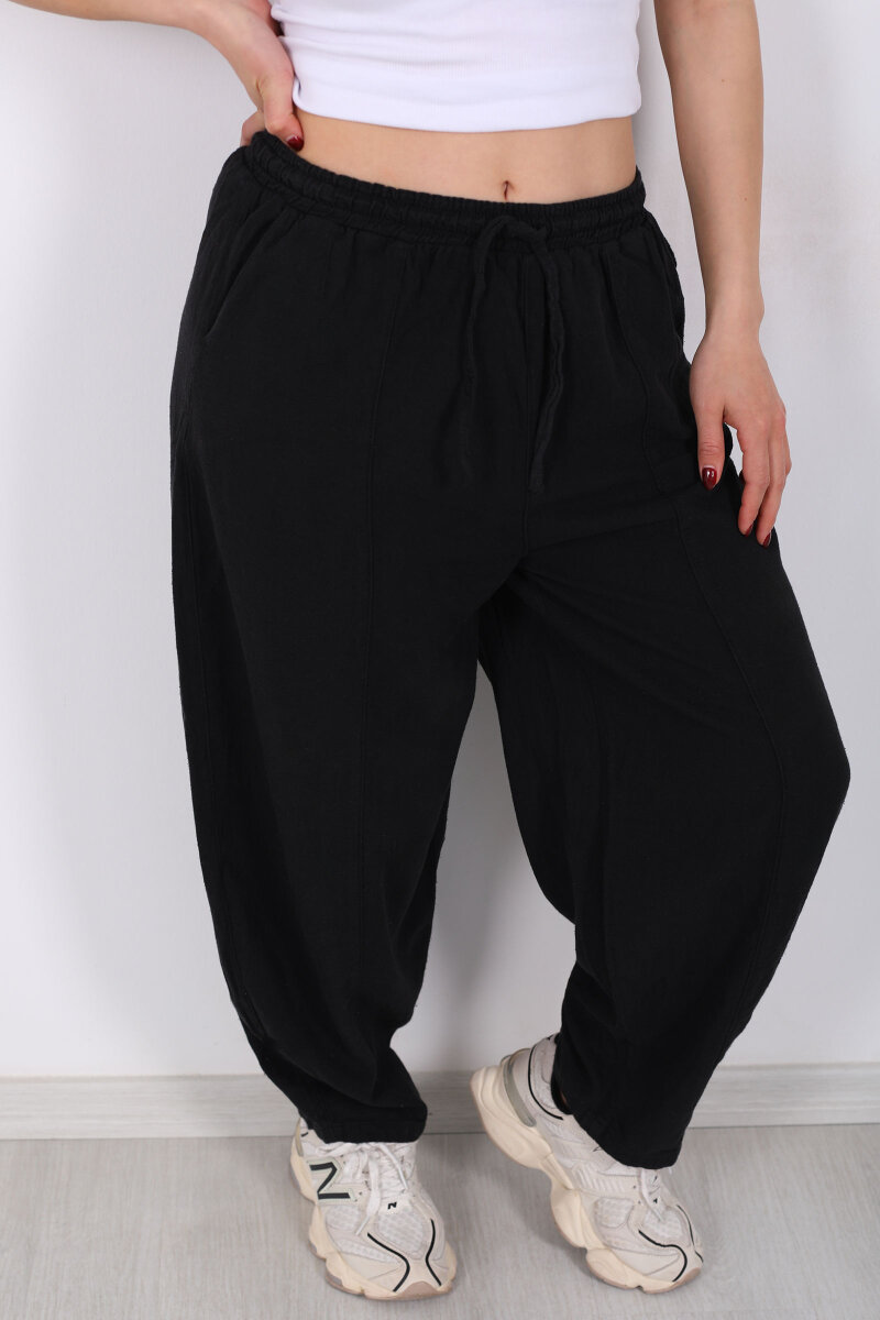 Önü Çimalı Bağlamalı Kadın Siyah Şalvar Keten Pantolon - 2