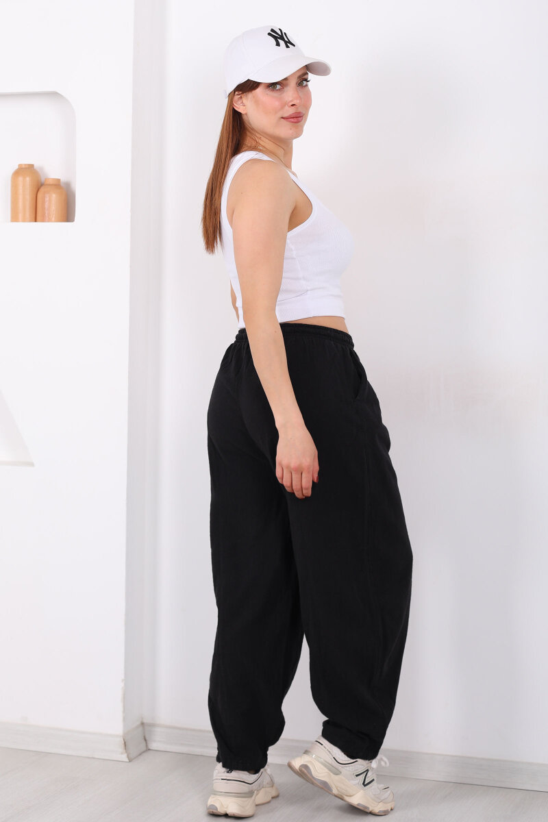 Önü Çimalı Bağlamalı Kadın Siyah Şalvar Keten Pantolon - 5