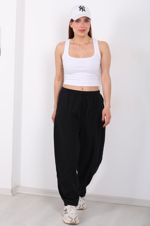 Önü Çimalı Bağlamalı Kadın Siyah Şalvar Keten Pantolon - 6