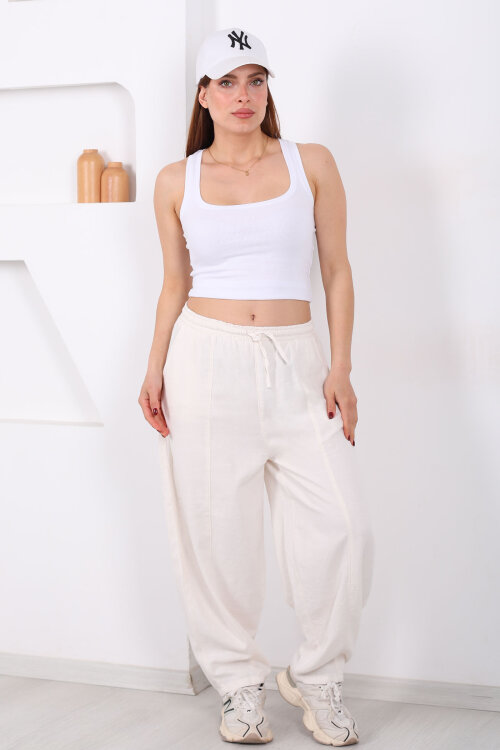 Önü Çimalı Bağlamalı Kadın Taş Rengi Şalvar Keten Pantolon - 4