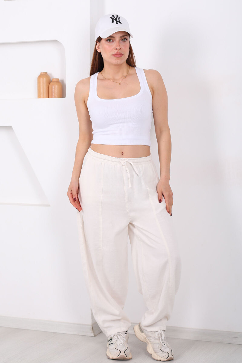 Önü Çimalı Bağlamalı Kadın Taş Rengi Şalvar Keten Pantolon - 4