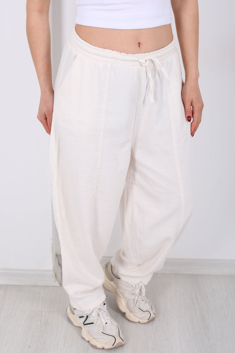 Önü Çimalı Bağlamalı Kadın Taş Rengi Şalvar Keten Pantolon - 2