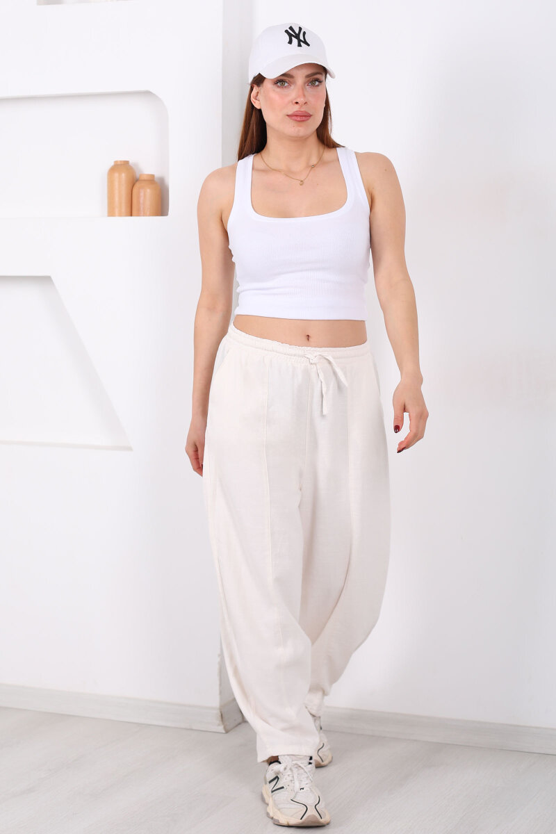 Önü Çimalı Bağlamalı Kadın Taş Rengi Şalvar Keten Pantolon - 6