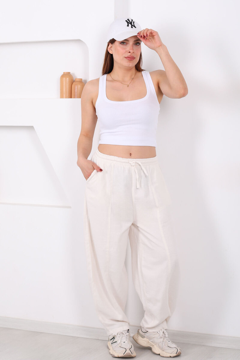 Önü Çimalı Bağlamalı Kadın Taş Rengi Şalvar Keten Pantolon - 1