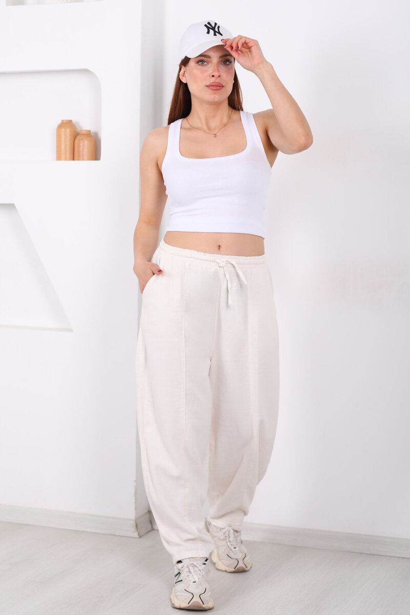 Önü Çimalı Bağlamalı Kadın Taş Rengi Şalvar Keten Pantolon - 3