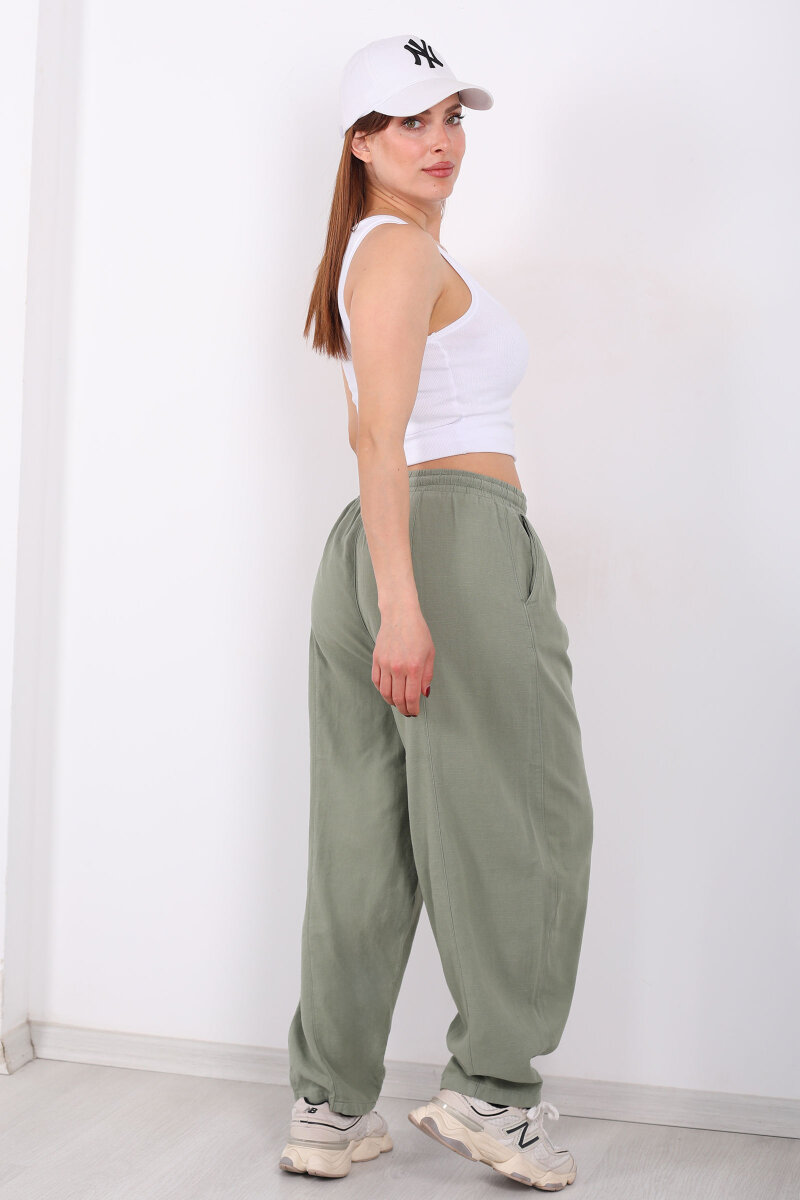 Önü Çimalı Bağlamalı Kadın Yeşil Şalvar Keten Pantolon - 4