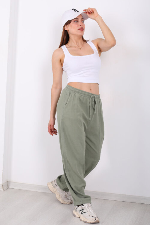 Önü Çimalı Bağlamalı Kadın Yeşil Şalvar Keten Pantolon - 5