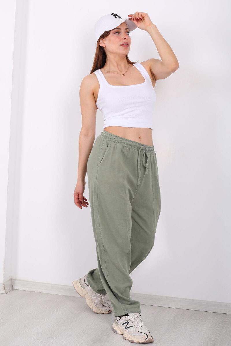 Önü Çimalı Bağlamalı Kadın Yeşil Şalvar Keten Pantolon - 5