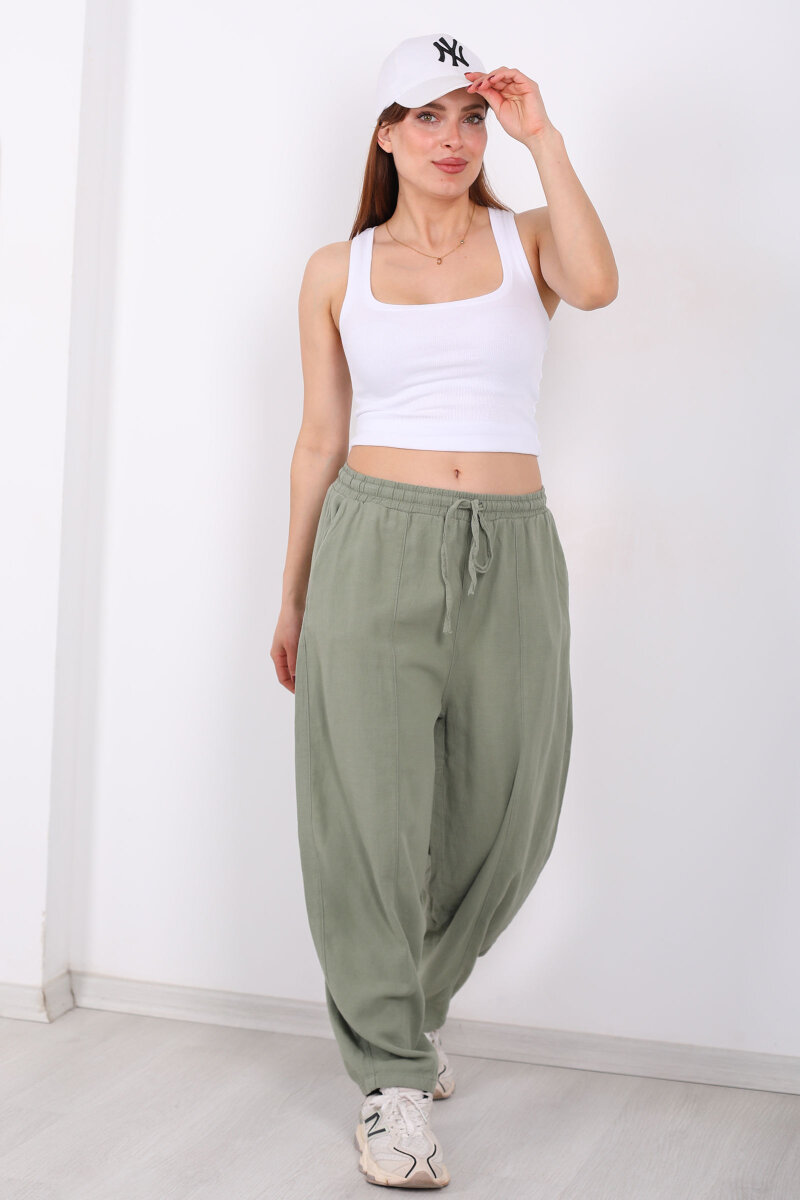 Önü Çimalı Bağlamalı Kadın Yeşil Şalvar Keten Pantolon - 1