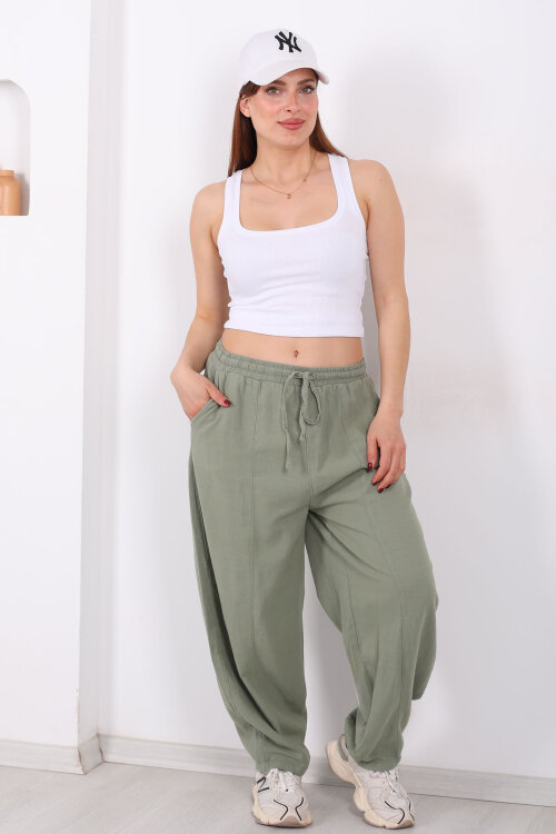 Önü Çimalı Bağlamalı Kadın Yeşil Şalvar Keten Pantolon - 3