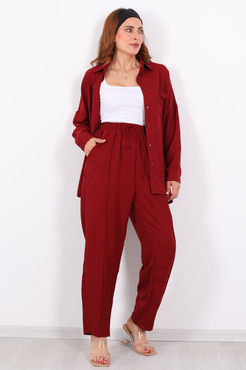 Önü Çimalı Keten Bordo Kadın Gömlek Takım - 6