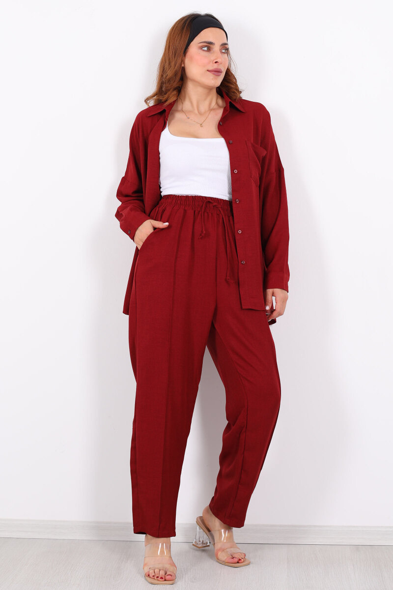 Önü Çimalı Keten Bordo Kadın Gömlek Takım - 6