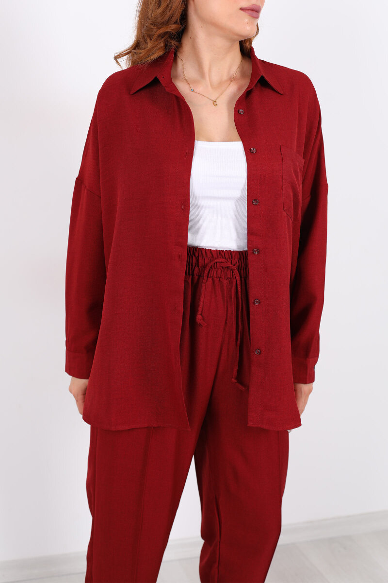 Önü Çimalı Keten Bordo Kadın Gömlek Takım - 2
