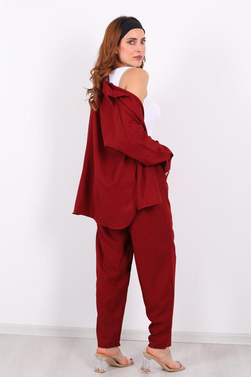 Önü Çimalı Keten Bordo Kadın Gömlek Takım - 5