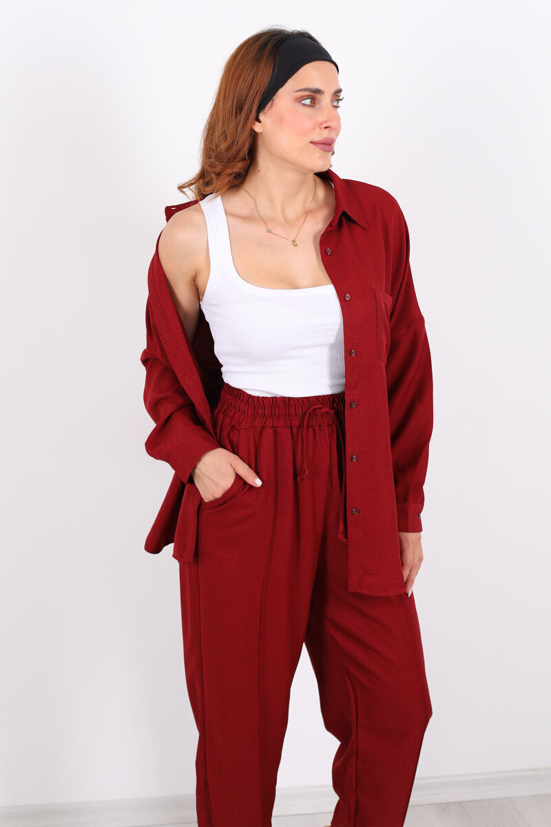 Önü Çimalı Keten Bordo Kadın Gömlek Takım - 3