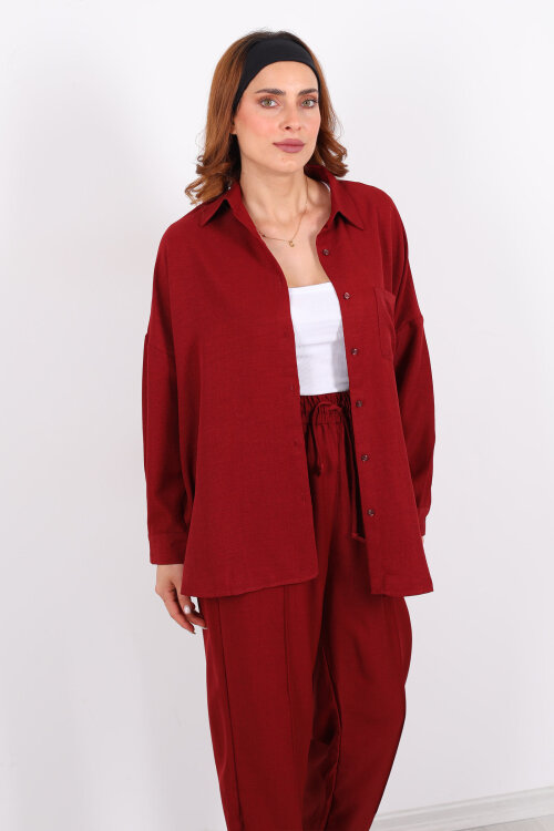 Önü Çimalı Keten Bordo Kadın Gömlek Takım - 7