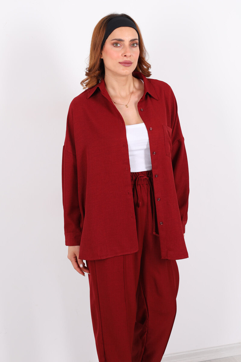 Önü Çimalı Keten Bordo Kadın Gömlek Takım - 7