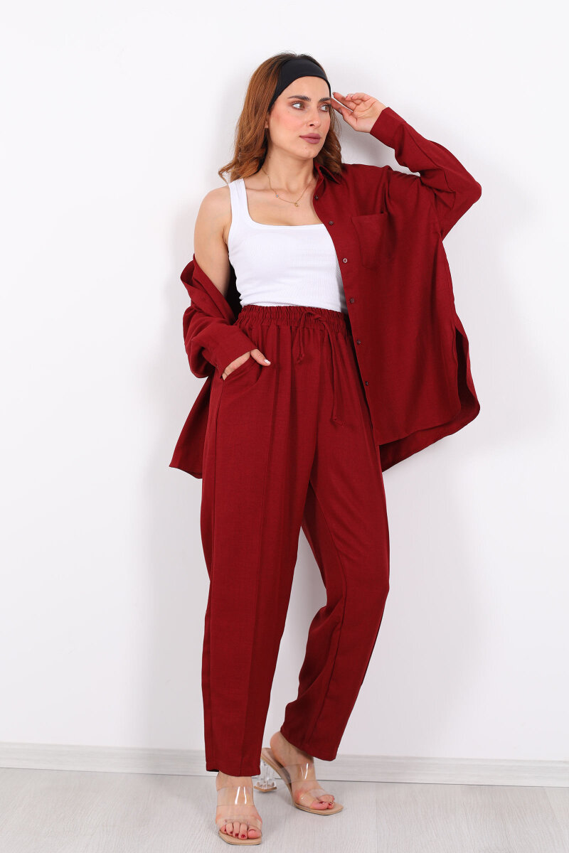 Önü Çimalı Keten Bordo Kadın Gömlek Takım - 1