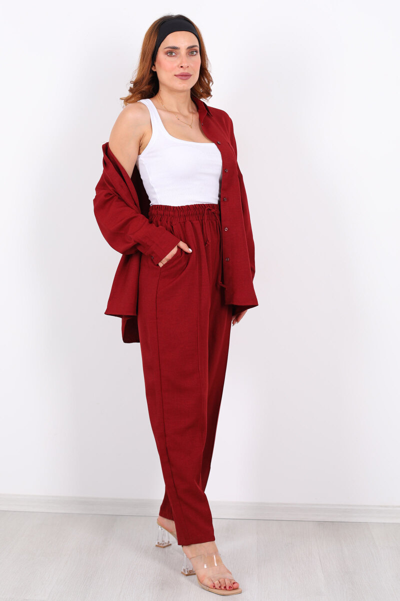 Önü Çimalı Keten Bordo Kadın Gömlek Takım - 4