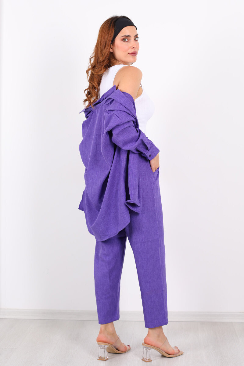 Önü Çimalı Keten Eflatun Kadın Gömlek Takım - 6