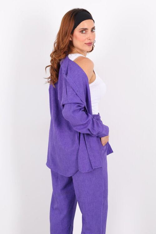 Önü Çimalı Keten Eflatun Kadın Gömlek Takım - Berox (1)