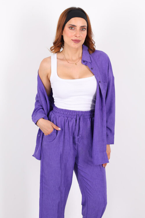 Önü Çimalı Keten Eflatun Kadın Gömlek Takım - 5