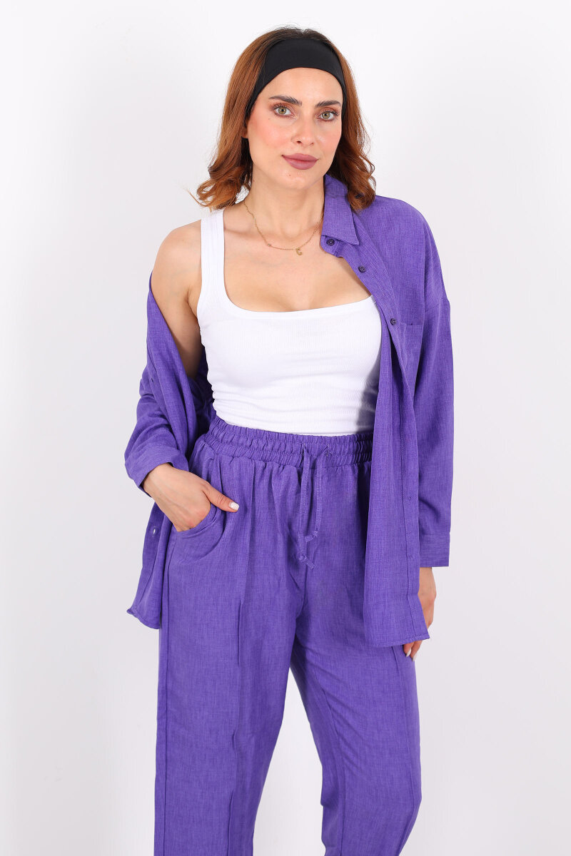 Önü Çimalı Keten Eflatun Kadın Gömlek Takım - 5