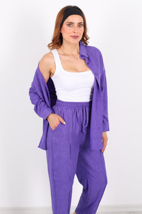 Önü Çimalı Keten Eflatun Kadın Gömlek Takım - Berox