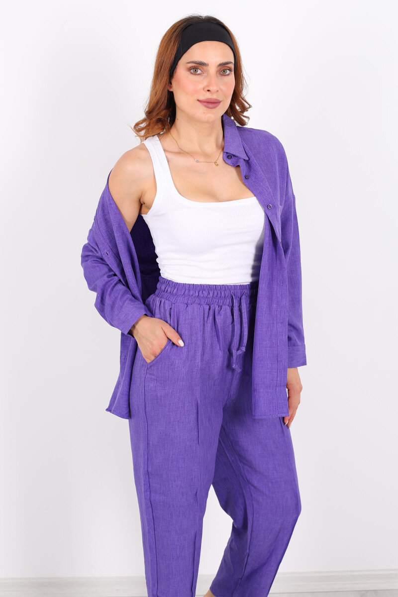 Önü Çimalı Keten Eflatun Kadın Gömlek Takım - 1