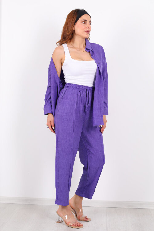 Önü Çimalı Keten Eflatun Kadın Gömlek Takım - 3