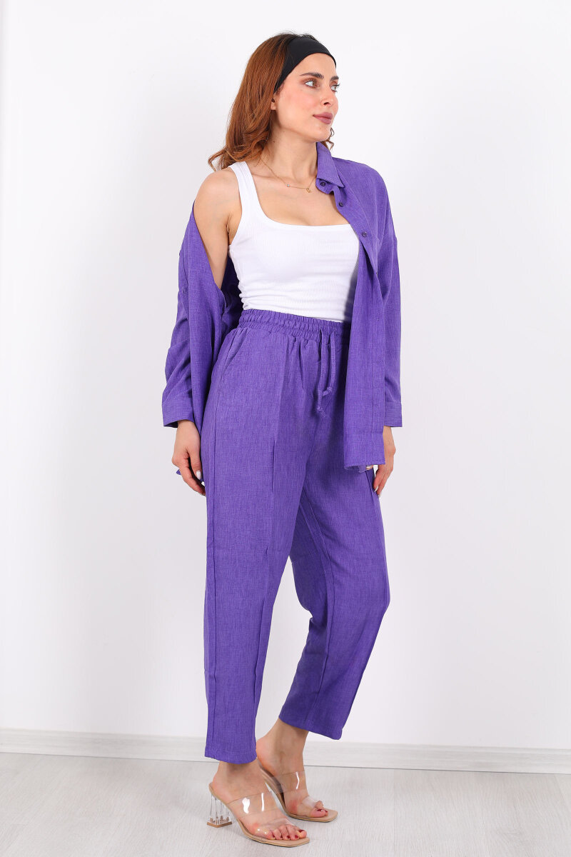 Önü Çimalı Keten Eflatun Kadın Gömlek Takım - 3